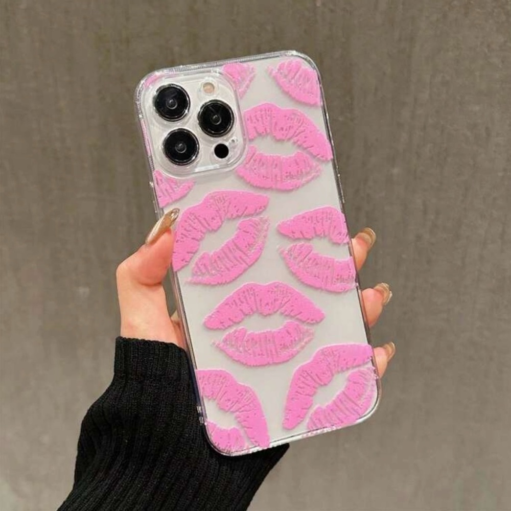 Apple iPhone 15 Pro Max Phone Case Pink Lip Pattern Transparent TPU Case
